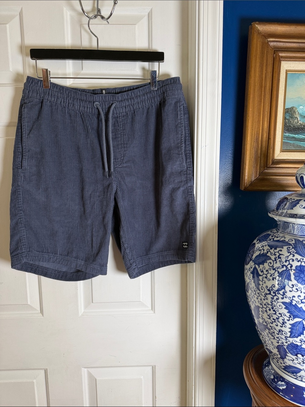 Men’s Billabong Blue Gray Corduroy 100% Cotton Elastic Waist Drawstring Shorts